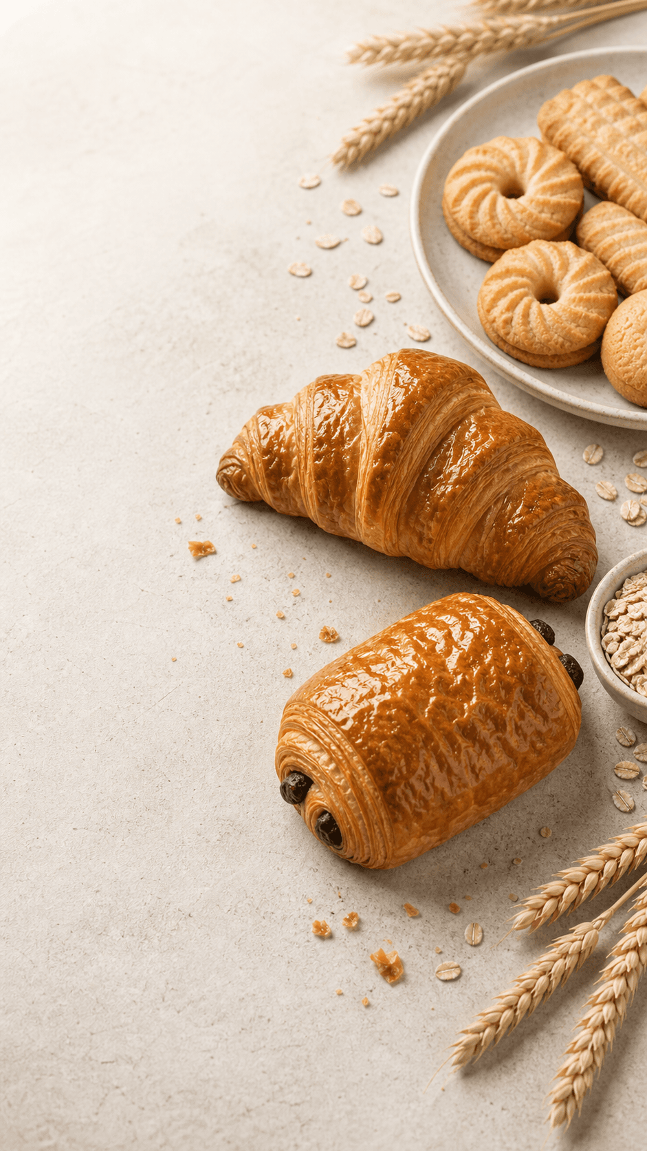 Croissants and cookies on a warm bakery surface