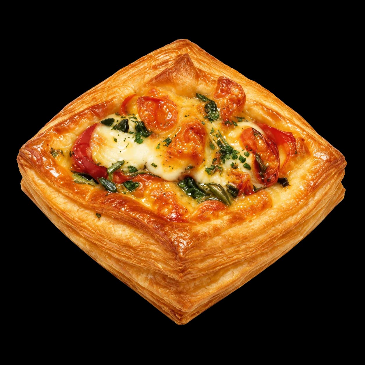 Danish mini hot dog, a square golden laminated pastry topped with tomato, melted cheese, and herbs