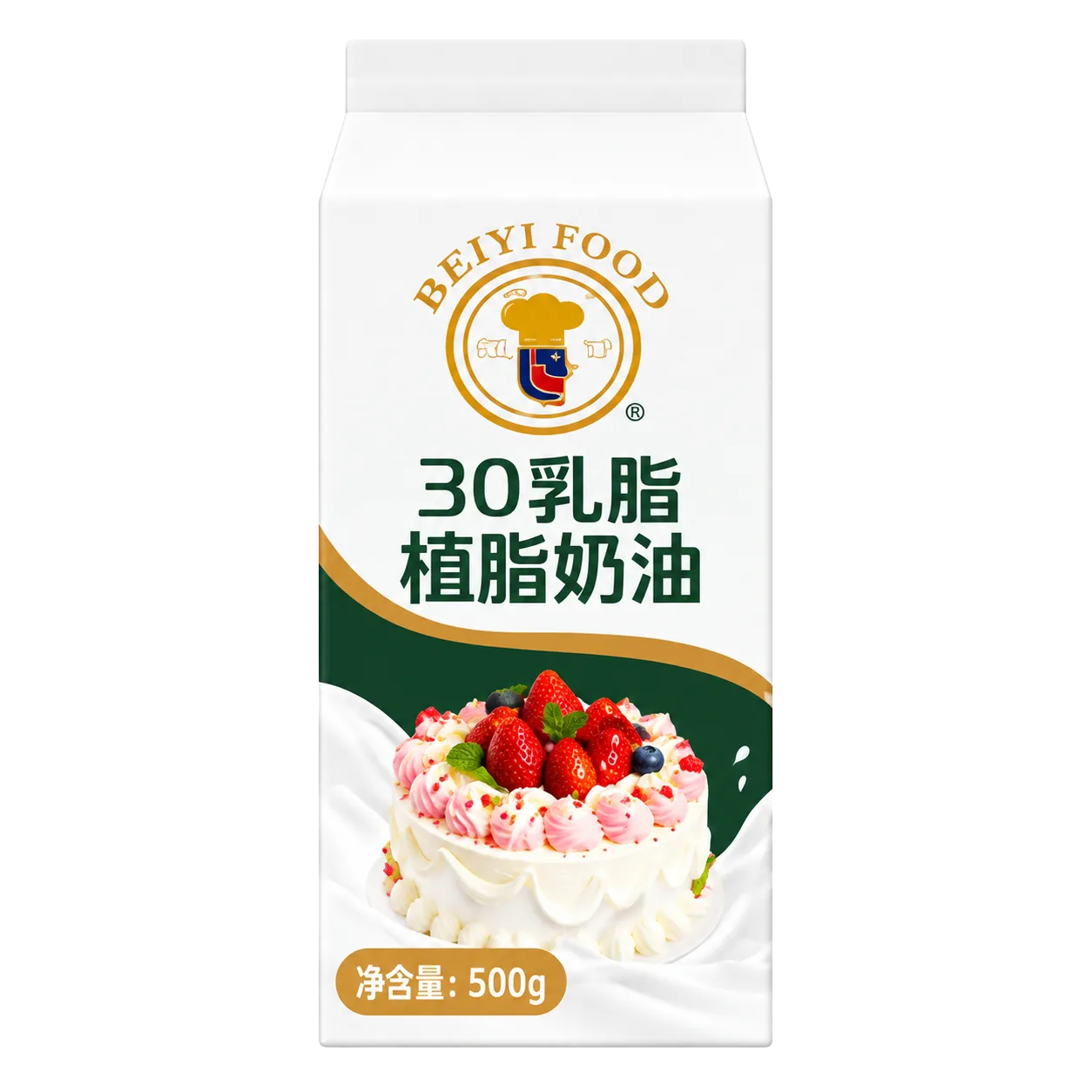 Beiyi Food carton of 30% milk fat non-dairy cream with a berry-topped cake