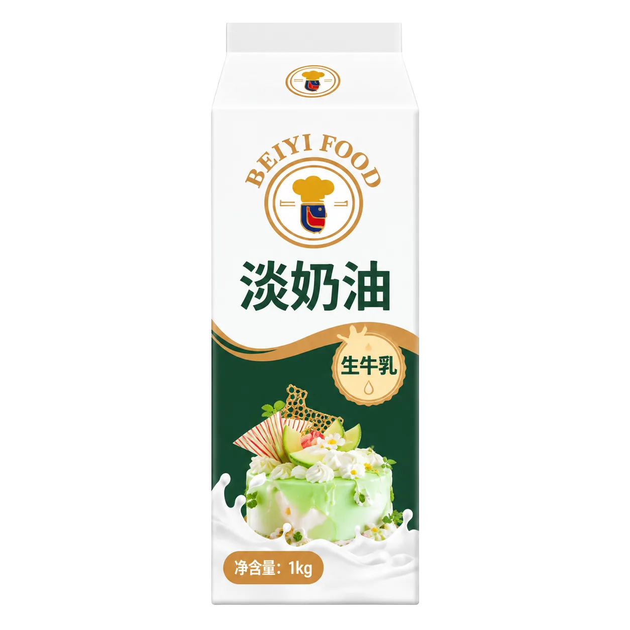 Beiyi Food carton of fresh milk whipping cream with a pale green cake on the front
