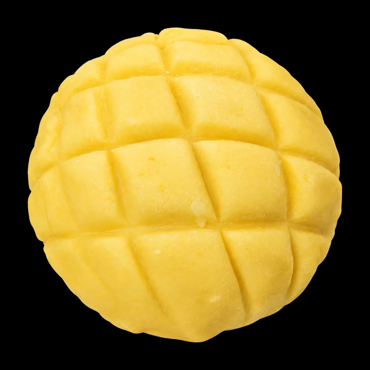 Unbaked pineapple bun dough with a scored yellow cookie crust