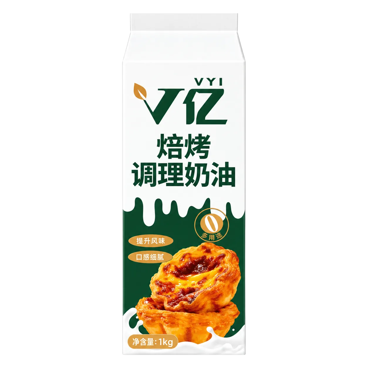 Vyi carton of baking prepared cream with two baked egg tarts