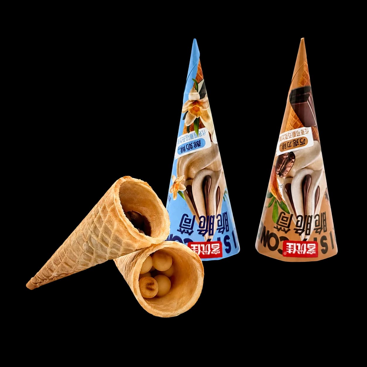 Crisp Swirl waffle cone samples beside yogurt and coffee-chocolate packs