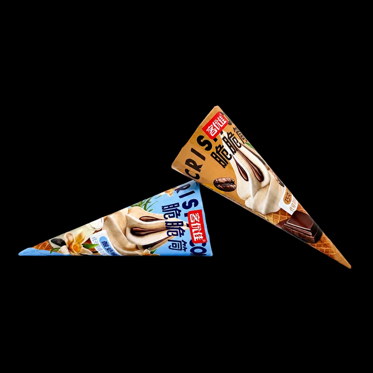 Crisp Swirl crispy cone packs in yogurt and coffee-chocolate flavors