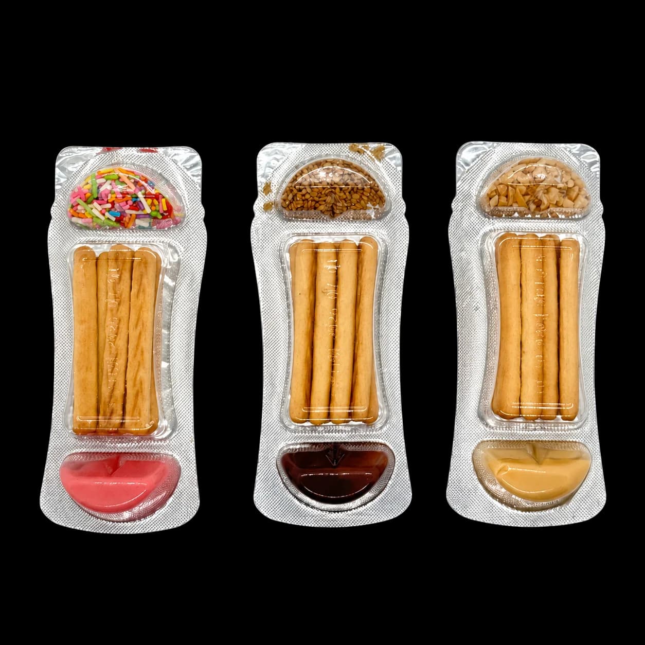 Finger Dipping Biscuits open packs with biscuit sticks, dipping sauce, and toppings