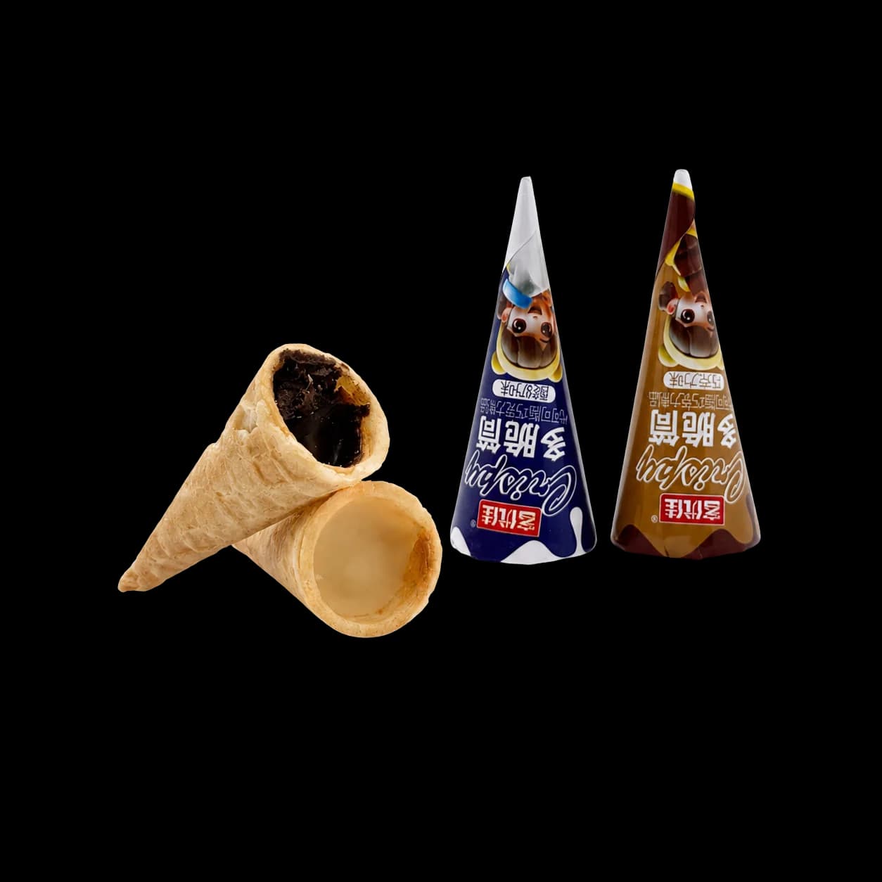 Scoop Dazzle extra-crispy cone samples with chocolate and yogurt fillings beside packs