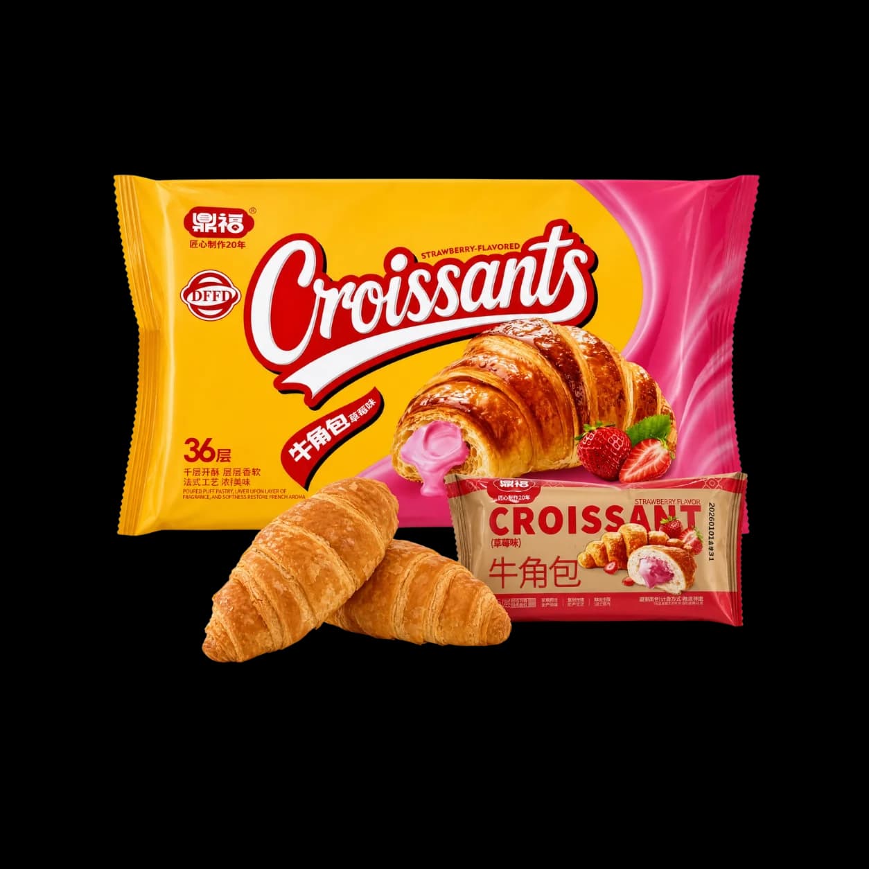 Strawberry flavor croissant pack with flaky croissant samples